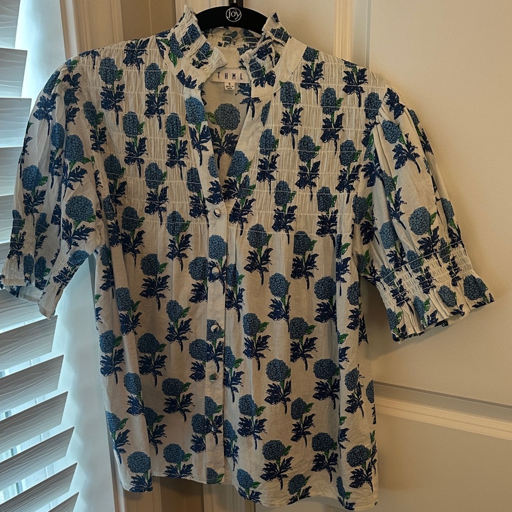 THML S White Shirt with Blue and Green Floral Design